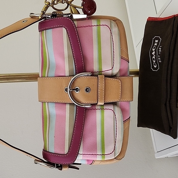 Coach Y2K Soho Hampton Pastel Stripe Leather Trim Flap Shoulder Bag Barbiecore - Picture 2 of 16